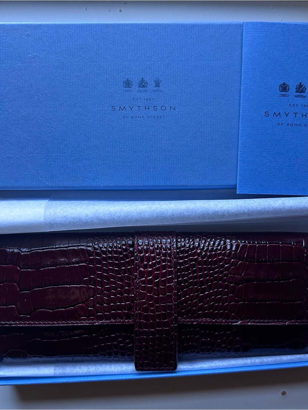 Smythson Croc-Embossed Travel Jewelry Roll in Dark Burgundy Leather NWT